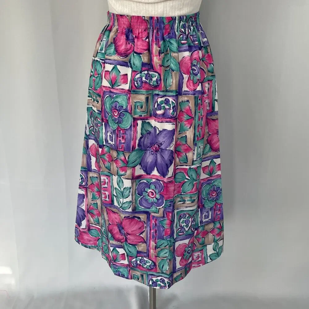 Vintage Midi Skirt Size Medium Pink Purple Floral Boho A Line Pull On Retro 90s